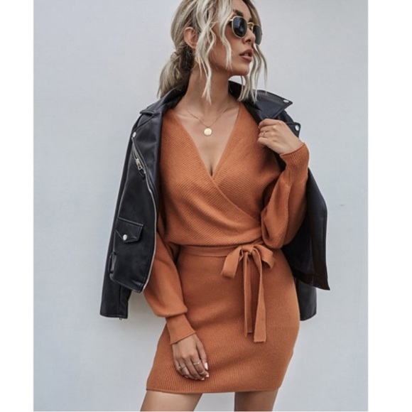 Peach Love California Dresses & Skirts - Surplice Sweater Dress - Salmon